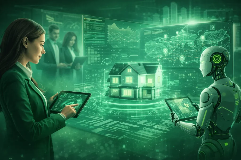 Realitní makléřka v zeleném kostýmu ovládá holografické rozhraní s daty o nemovitostech, propojené se symboly umělé inteligence a digitálních sítí.