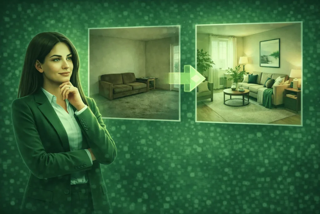 Realitní makléřka prezentuje srovnání obývacího pokoje před a po profesionálním homestagingu, kde se prázdný prostor mění v útulný domo