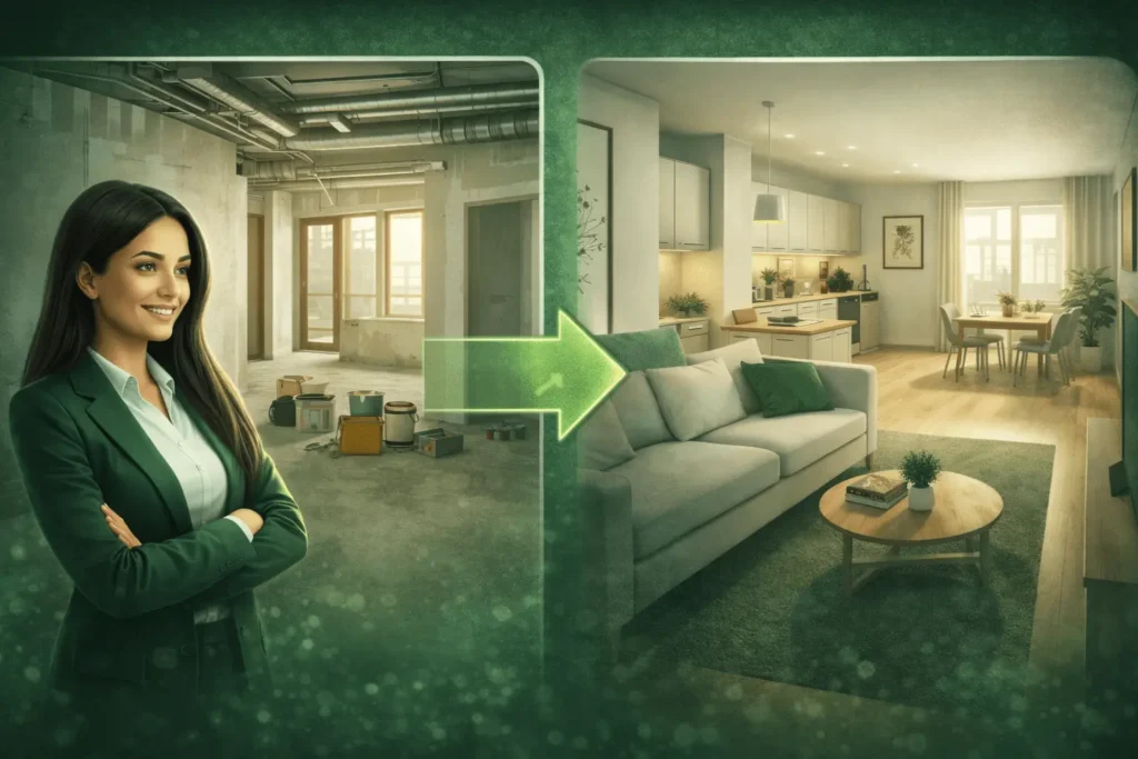 Realitní makléřka v zeleném kostýmu u modelu domu, který se mění z kanceláře na útulný byt, znázorňující proces rekolaudace.