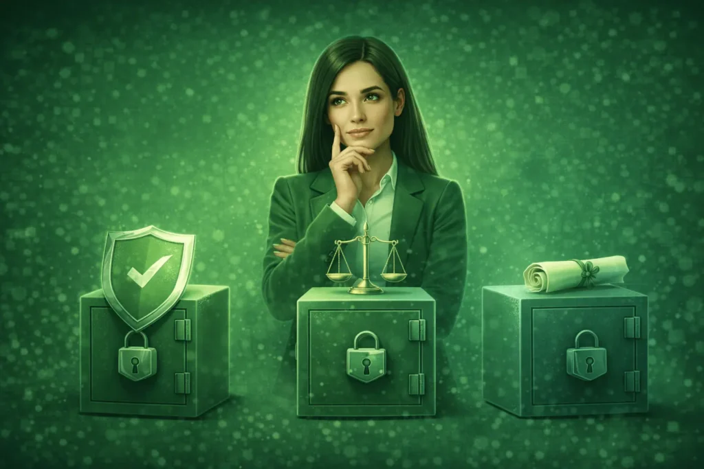 Realitní makléřka v zeleném oděvu prezentuje bezpečné uložení peněz v trezoru vedle modelu domu, symbolizující ochranu kupní ceny.