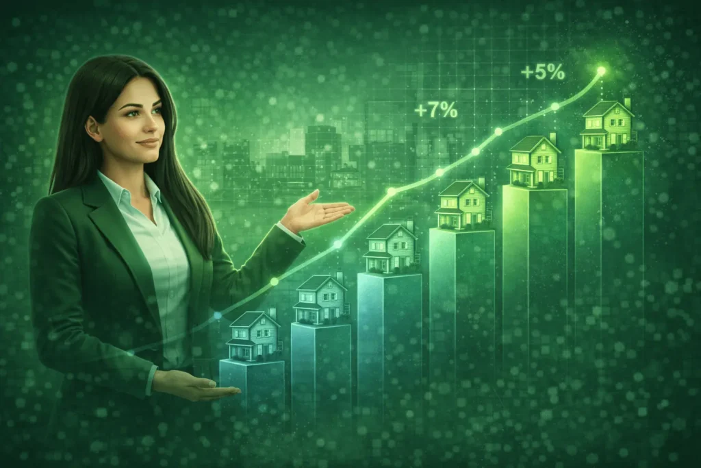 Realitní makléřka v zeleném kostýmu analyzuje rostoucí digitální graf cenového indexu rezidenčních nemovitostí s modely domů v pozadí.