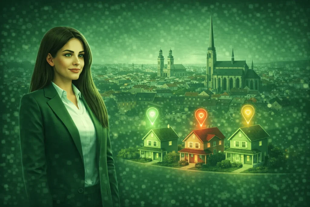 Realitní makléřka v zeleném kostýmu představuje mapu Plzně s vyznačenými cenovými hladinami bytů a domů u historického centra a katedrály.