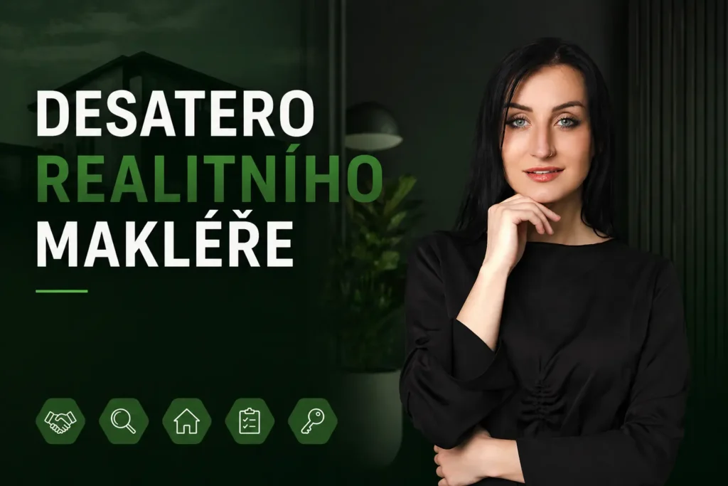 Grafický banner s textem Desatero realitního makléře a portrétem usmívající se makléřky v tmavém oblečení na zeleném pozadí s ikonami nemovitostí.