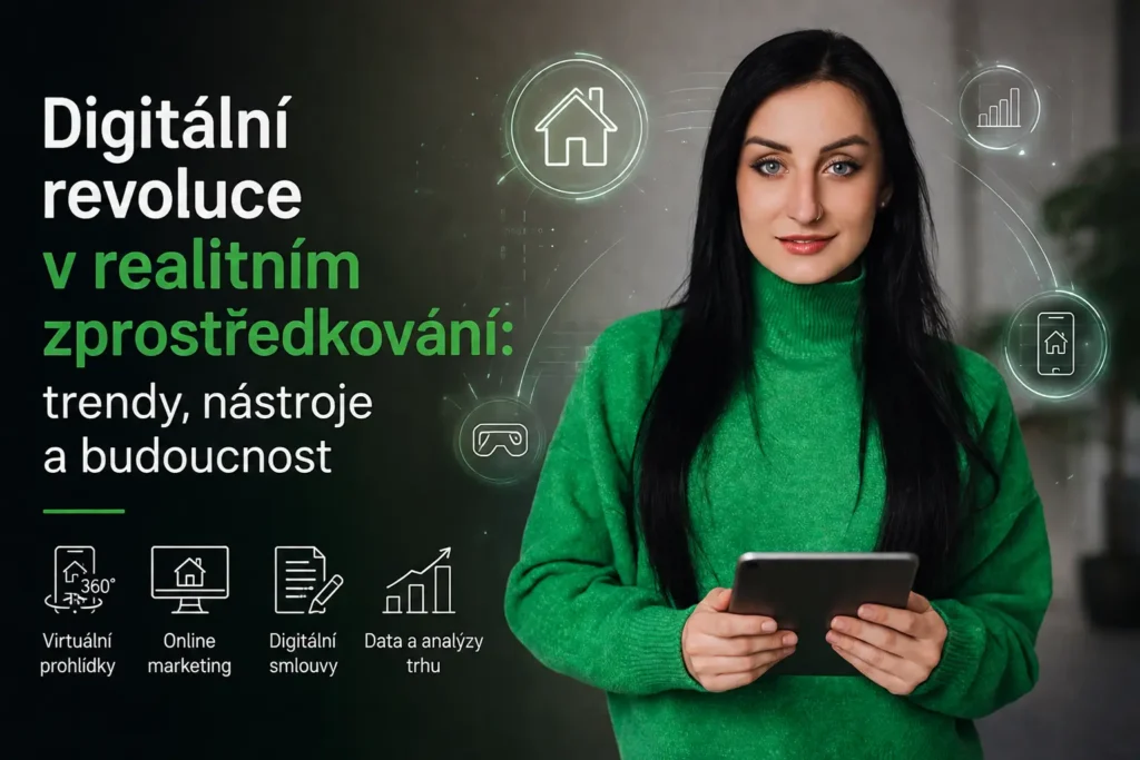 Makléřka s tabletem v zeleném svetru obklopená digitálními ikonami virtuální prohlídky a online marketingu.