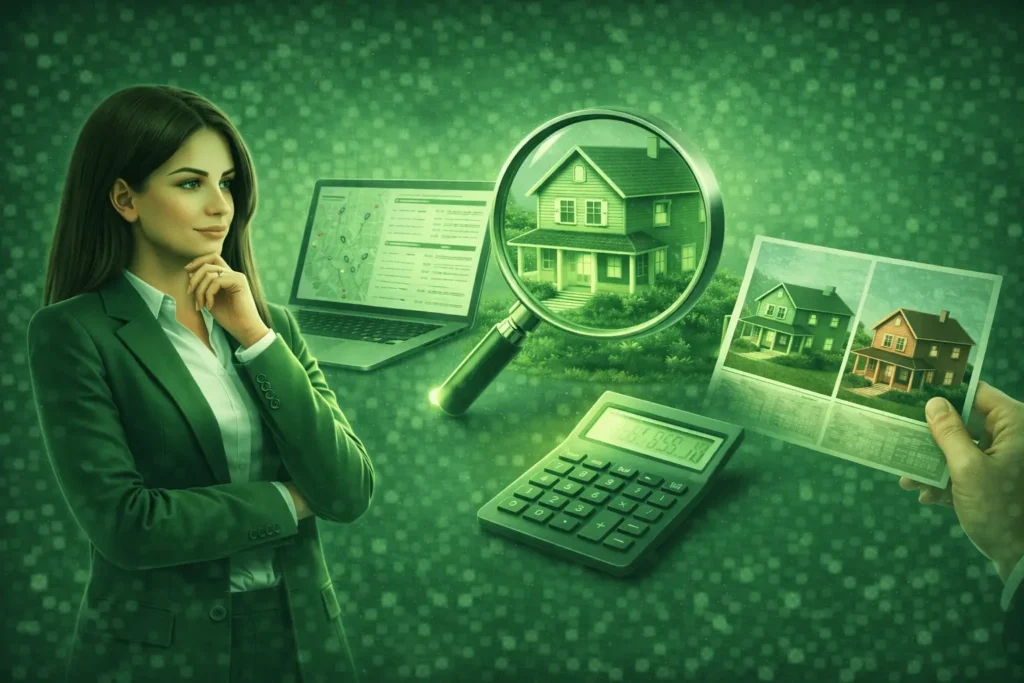 Realitní makléřka provádí analýzu trhu a odhad tržní ceny nemovitosti pomocí kalkulačky, mapy a srovnání cen podobných domů.
