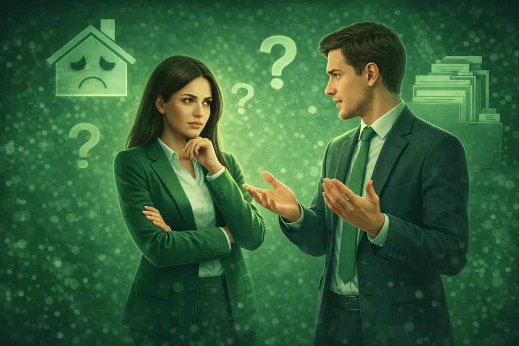 Realitní makléřka v zeleném oděvu gestikuluje u nespokojeného klienta, který drží dokumenty, s motivem rozbitého domu v pozadí.