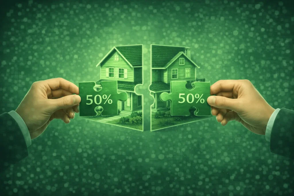 Dvě ruce skládající puzzle domu s nápisy 50 procent, znázorňující předkupní právo a spoluvlastnický podíl na nemovitosti.