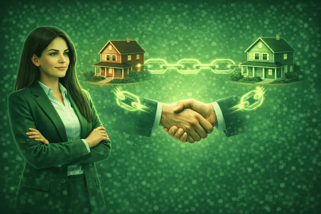 Realitní makléřka koordinuje řetězec provázaných prodejů a nákupů nemovitostí, symbolizovaných propojenými domy v zeleném schématu.