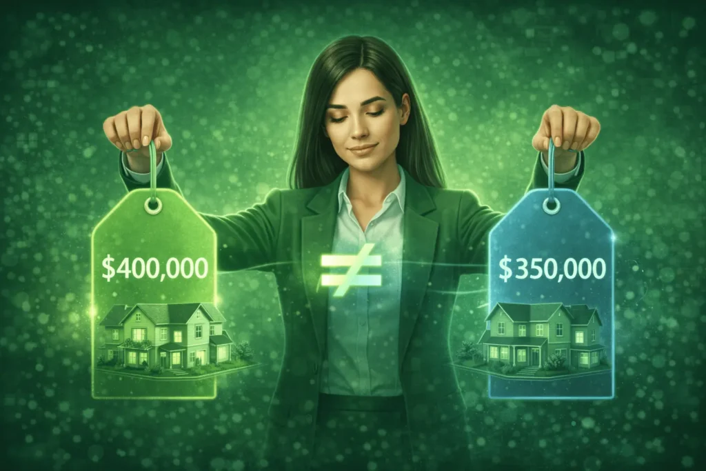 Realitní makléřka v zeleném kostýmu drží váhy, na kterých porovnává inzertní cenu s visačkou a skutečnou kupní cenu symbolizovanou mincemi.