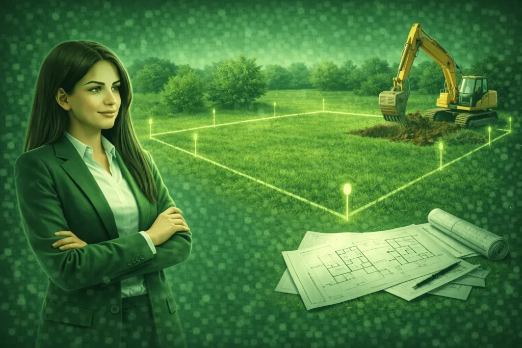 ealitní makléřka analyzuje stavební plány u pozemku vytyčeného pro výstavbu, kde probíhají zemní práce bagrem.