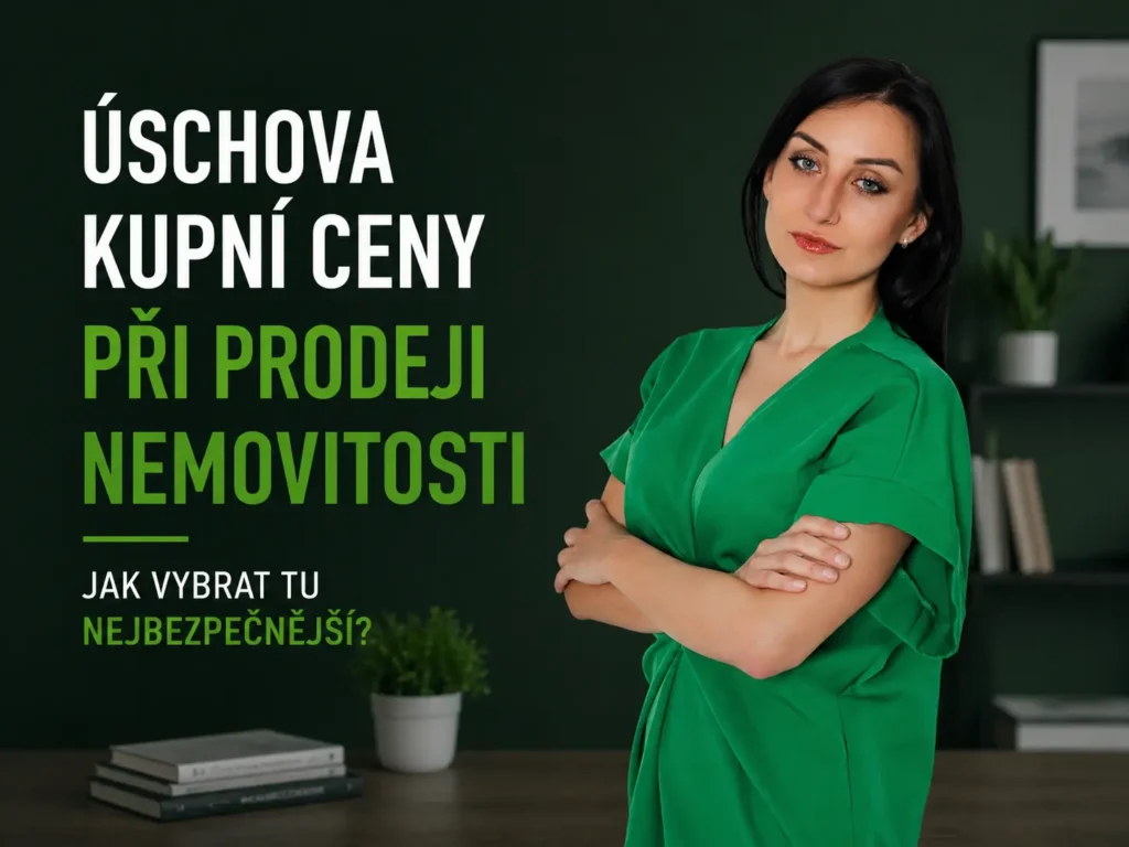 Portrét makléřky v zelených šatech se založenýma rukama na tmavě zeleném pozadí s textem o úschově kupní ceny.