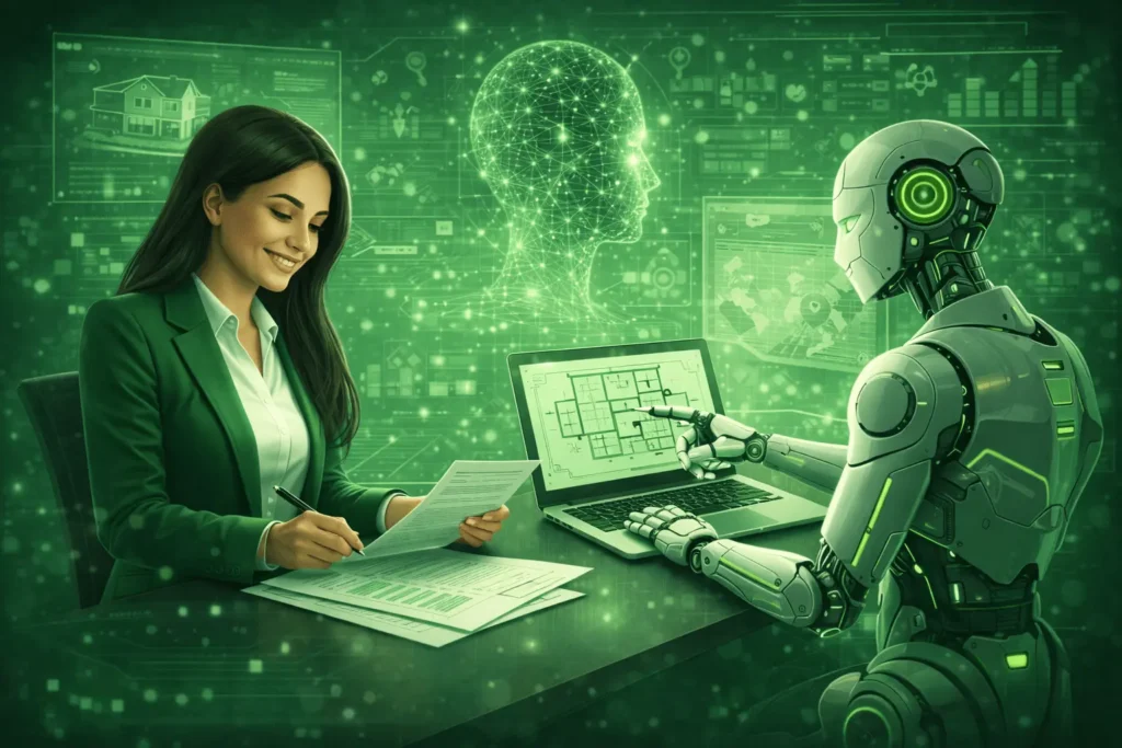 Realitní makléřka v zeleném kostýmu interaguje s digitálním rozhraním umělé inteligence, které zobrazuje analýzu dat a modely domů.