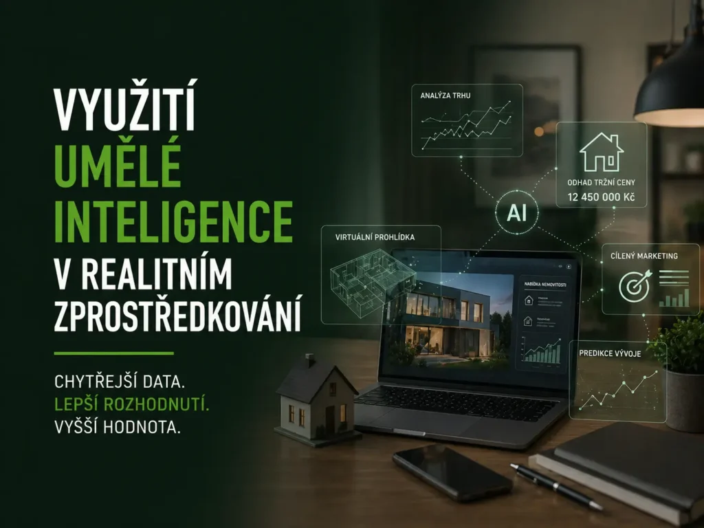 Realitní makléřka v moderním interiéru s tabletem, symbolizující využití umělé inteligence a technologií v realitách.