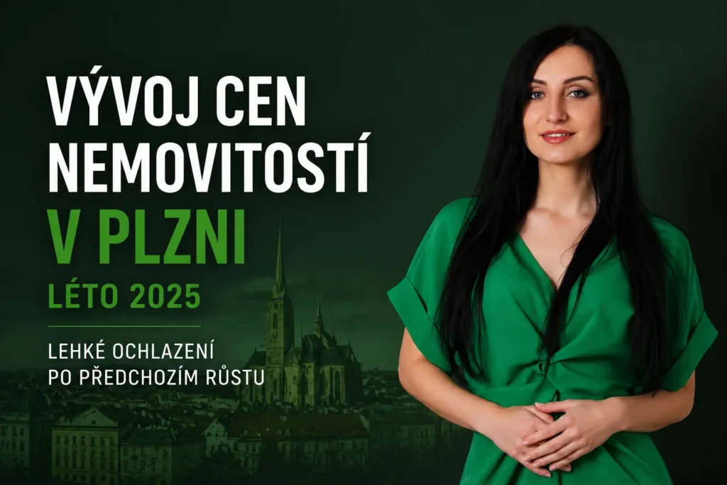 Makléřka v zeleném na pozadí panoramatu Plzně s katedrálou svatého Bartoloměje a textem o vývoji cen.