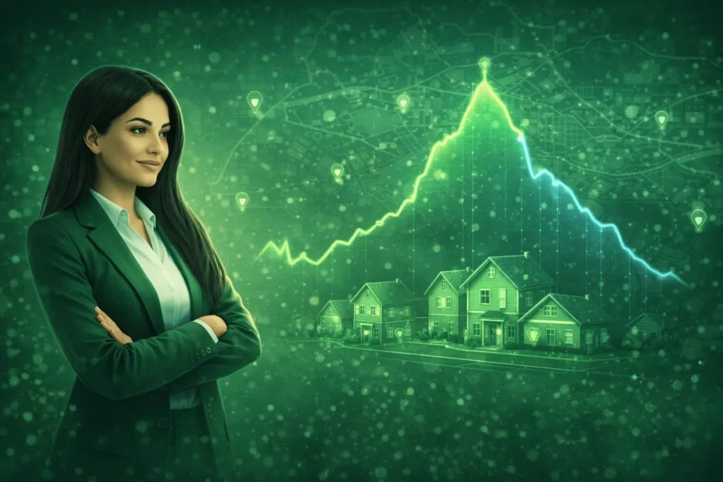 Realitní makléřka v zeleném kostýmu sleduje klesající graf cen nemovitostí v Plzni na pozadí siluety města s katedrálou.