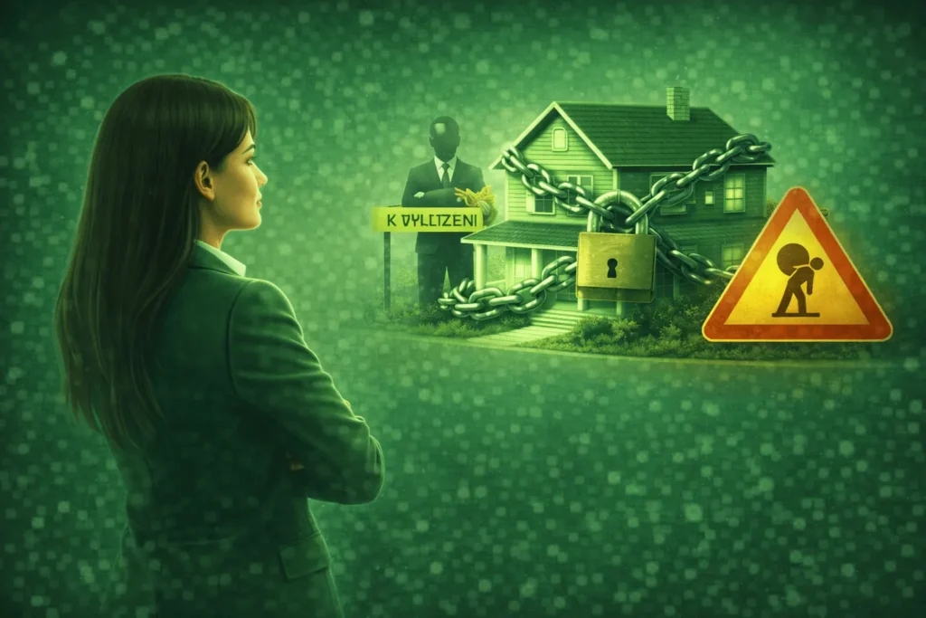 Realitní makléřka sleduje dům uzamčený řetězy se zámkem, varovnou značkou a postavou exekutora, což symbolizuje právní vady nemovitosti.