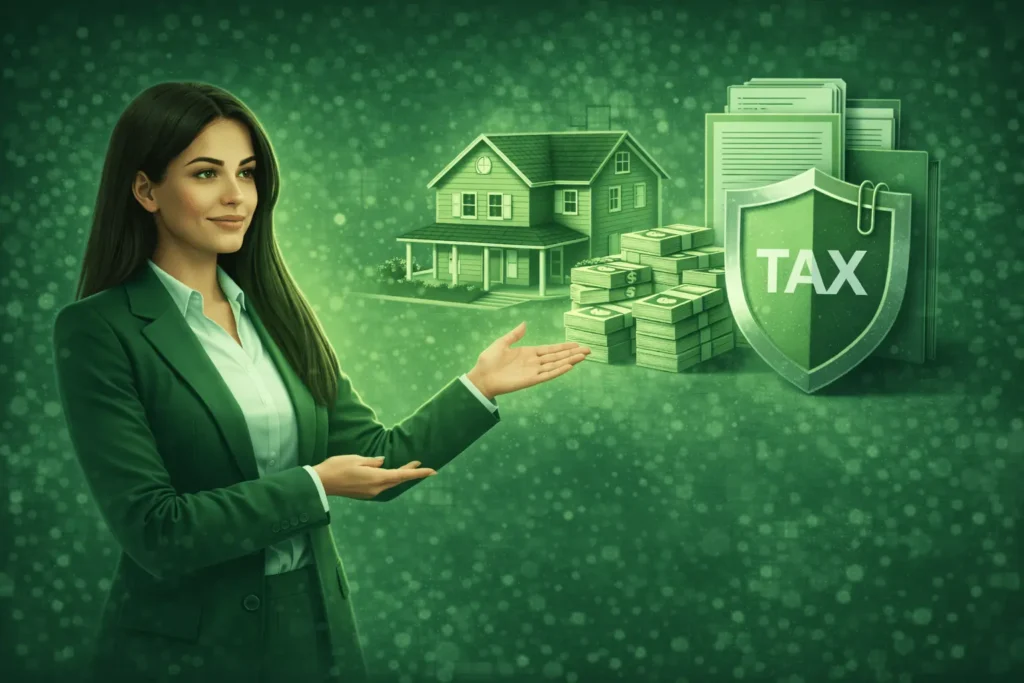 Realitní makléřka s kalkulačkou a mincemi vedle modelu domu, znázorňující proces výpočtu daně z pronájmu nemovitosti.