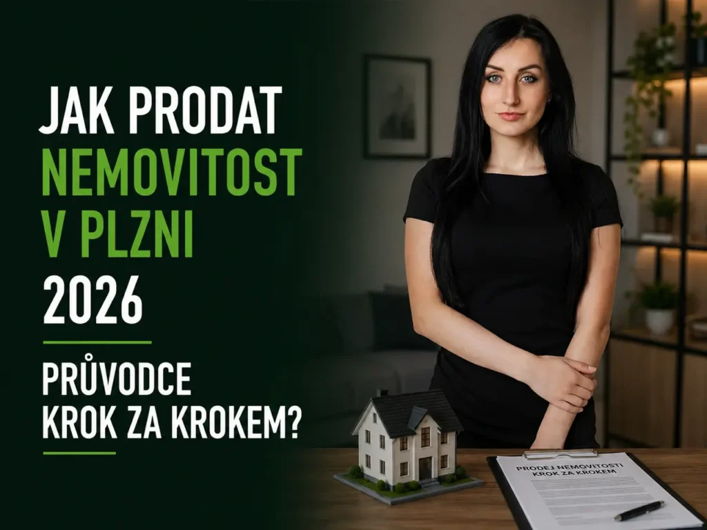 Realitní makléřka na tmavě zeleném pozadí s nápisem Jak prodat nemovitost v Plzni.